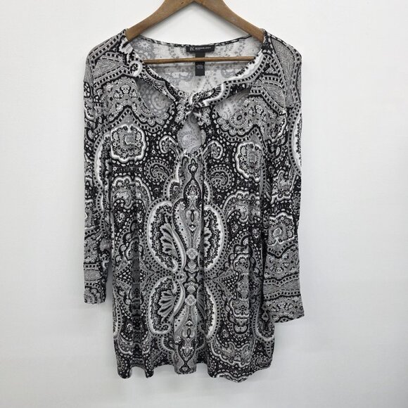 INC International Concepts Black White Paisley Cutout Keyhole 3/4 Sleeve Blouse - Picture 4 of 13